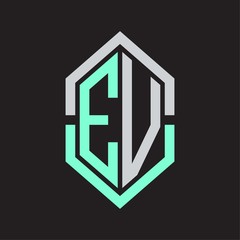 EV Logo monogram with hexagon shape and outline slice style