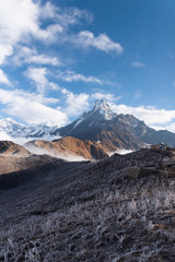 Nepal , Mardi himal : Stuning scenic viewpoint landmark of Madi himal viewpoint at 4200 m. above the sea  with Macchapucchre mountain in Annapurna Conservation Area , Nepal