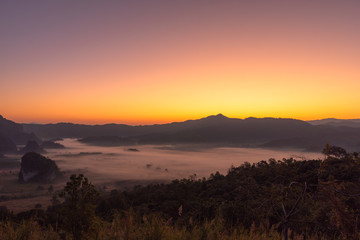 scenery sunrise above the mist in the valley of Phulangka viewpoint Nan Thailand.