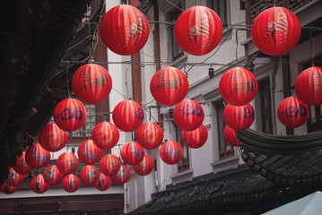 Fototapeta na wymiar Red traditional paper lanterns with Chinese zodiac pattern
