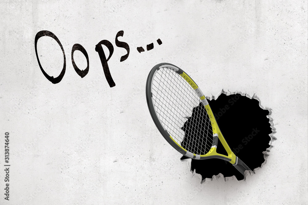 Aufkleber 3d rendering of concrete wall with title 'oops' and tennis racket emerging from hole in the wall.