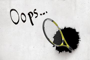 3d rendering of concrete wall with title 'Oops' and tennis racket emerging from hole in the wall.