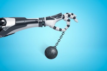3d rendering of android arm holding small wrecking ball on light blue background.