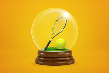 3d rendering of tennis ball and racket inside snow globe on amber background.