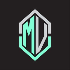 MV Logo monogram with hexagon shape and outline slice style