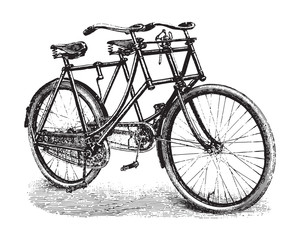 Fototapeta na wymiar Old bicycle - tandem bicycle / vintage illustration from Brockhaus Konversations-Lexikon 1908