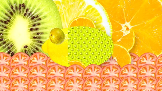 Fish made from fruits floats on the sea from tomato slices. Animated movement of body parts on a background of kiwi, lemon and mandarin.