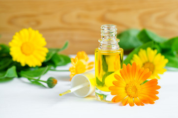 Small bottle with cosmetic oil (extract, infusion, tincture, essential oil) and marigold flowers. Aromatherapy, manicure, spa and herbal medicine concept. Copy space.