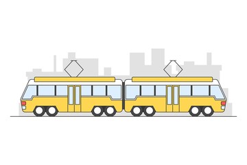 Flat style tram car with city landscape behind isolated on white background. Side view cartoon vector illustration.