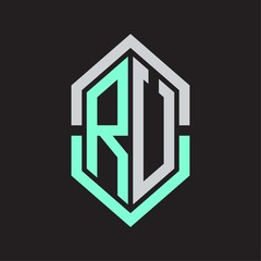 RU Logo monogram with hexagon shape and outline slice style