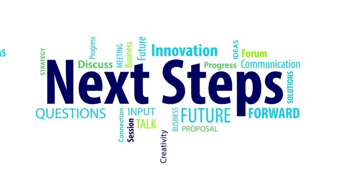 Next Steps Animated Word  Cloud on a White Background