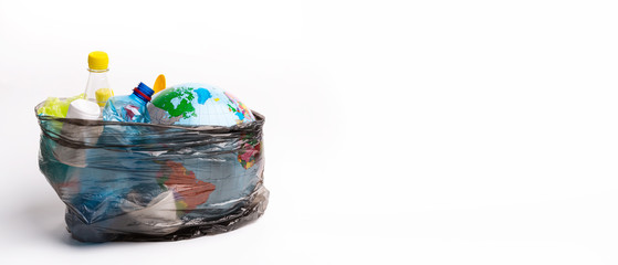 Fototapeta na wymiar Earth world globe and plastic bottle waste on white background