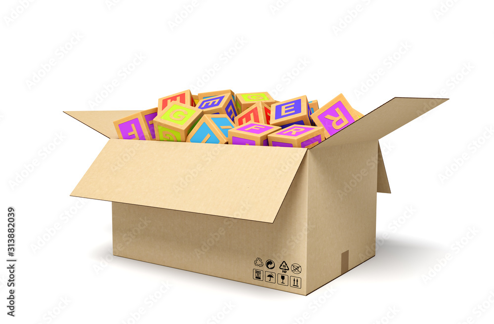 Poster 3d rendering of abc blocks in carton box.
