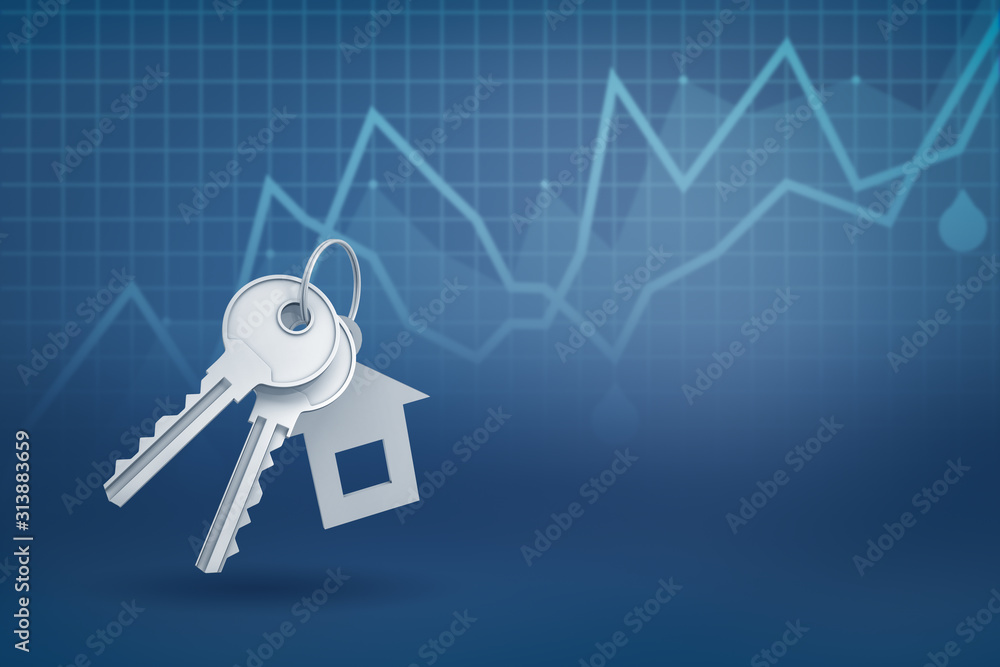 Aufkleber 3d rendering of silver key and a house shape key fob on blue diagram background