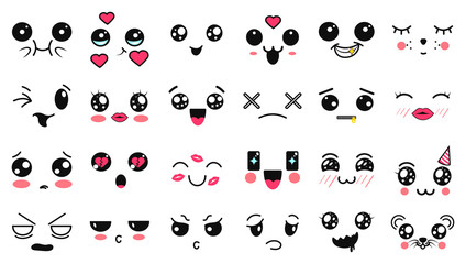 Fototapeta premium Kawaii cute faces. Manga style eyes and mouths. Funny cartoon japanese emoticon in in different expressions. Expression anime character and emoticon face illustration. Background, Wallpaper.