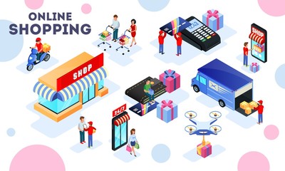 Commerce, merchandise process highlights selling, distribution, transportation, delivery, shopping, payment. Online business, e-shop concept Isometric vector illustration isolated on white