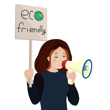 Environmental activist. Eco friendly. Vector illustration of protesting eco-activists with posters on demonstration.