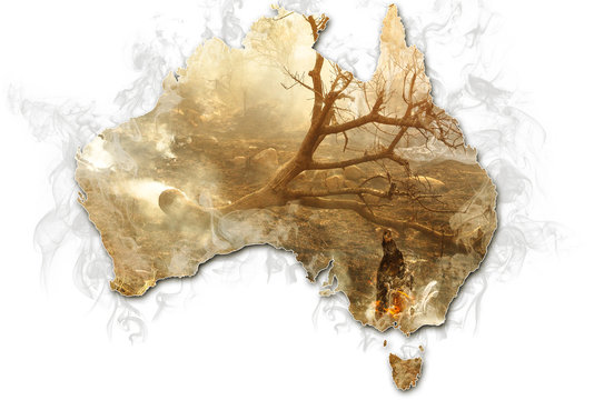 Australian map with smoking bushes and trees after fire isolated on white background. Concept of bushfires in Australia.