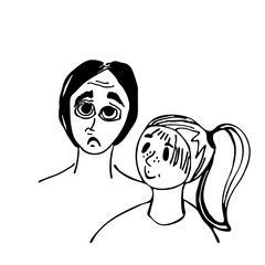 Dialogue of man and woman. Displeased man and contented woman. Isolated on a white background. Stock vector illustration. Black and white graphics. Hand drawn