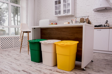 Recycle bins in the kitchen. Household waste sorting. Environmentally responsible behavior. Zero...