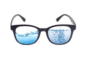 Water splash in Black Eye Glasses Isolated on White blackground.