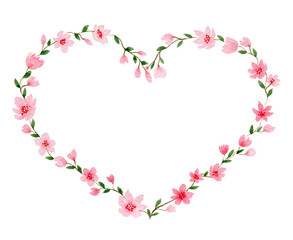 heart of flowers, watercolor valentine heart with cherry blossom flowers, mother day floral garland isolated on white