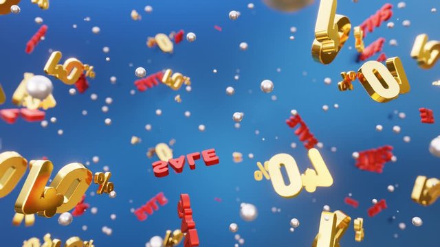 3D background for Sale 40% percent. Bright background for sale. Gold volume lettering 40% and sale fall in space. Loop 4K animation.