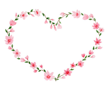 heart of flowers, watercolor valentine heart with cherry blossom flowers, mother day floral garland isolated on white