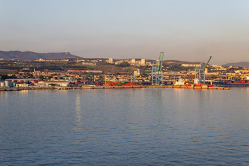 panorama view of port of marseille france docks terminal ships boats  sunset