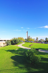 Fototapeta premium Jardines con puentes y estanque de la Nova Icaria, Barcelona, Catalunya, España, Europa