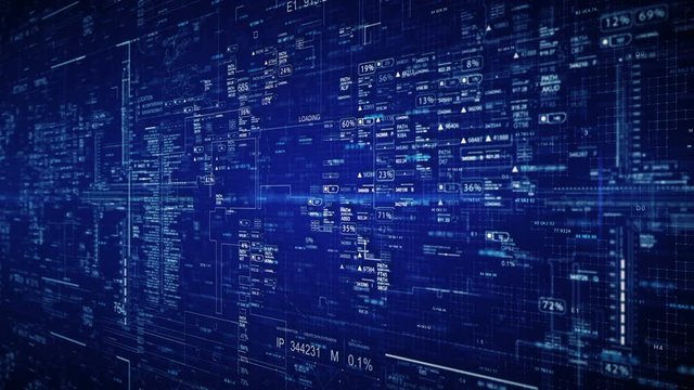 HUD elements on monitors.Abstract SciFi futuristic technological intro.Digital inphograghic with world map animated.Data display for techno broadcast background. Blue.Type 1