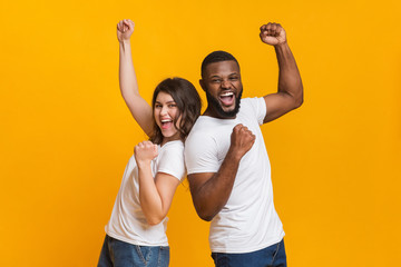 Joyful interracial couple rejoicing success, raising fists, celebrating victory