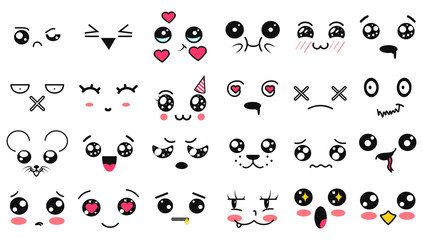 Kawaii cute faces. Manga style eyes and mouths. Funny cartoon japanese emoticon in in different expressions. Expression anime character and emoticon face illustration. Background, Wallpaper.