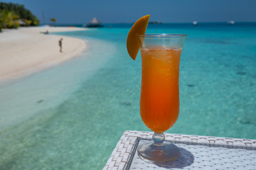 exotic summer drinks with ice in tropical paradise, picture of refreshing drinks