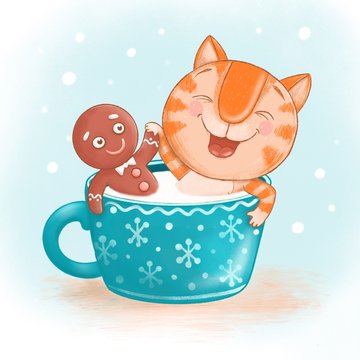A cute ginger cat and a gingerbread man sit together in a large blue mug with milk
