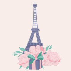 vector illustration with peonies, tour eiffel and gifts