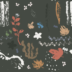 Colored watercolor blots in the form of flowers and leaves on a grey background. Seamless pattern.