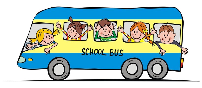 Blue bus with school children, funny vector illustration. Group of happy kids at windows of bus. Color picture on white background.