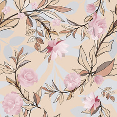 Seamless pattern with pink roses and bleige leaves on light background. Tropical flowers, lily. Vector illustration with plants. Gentle pastel colors.