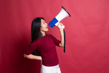 Beautiful young Asian woman announce with megaphone.