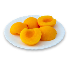 plate of peeled and chopped peaches isolated on a white background. Canned peaches on a white plate.