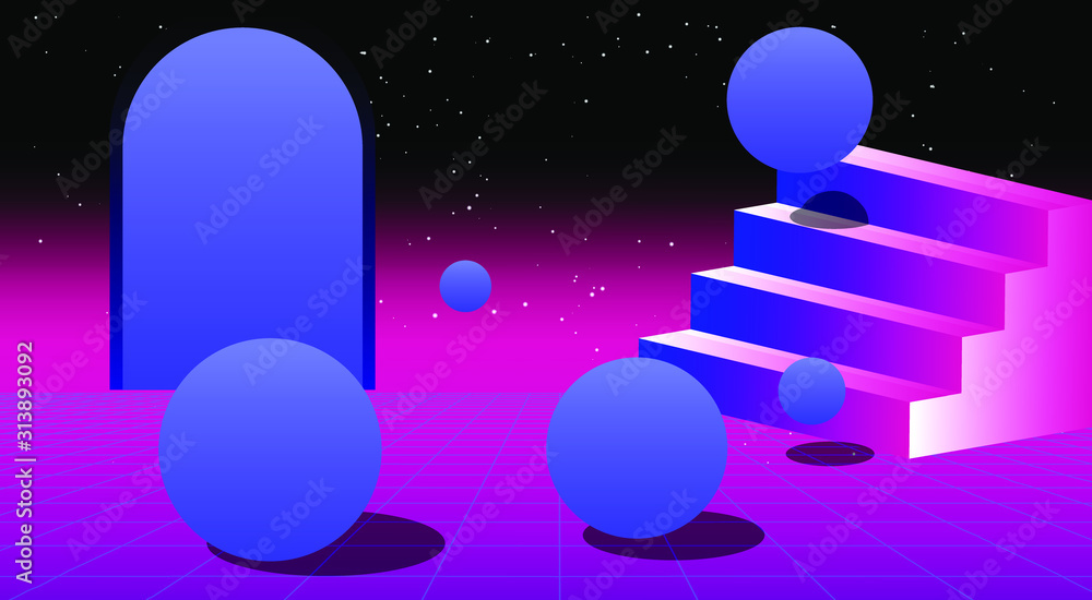 Poster Retrowave/ vaporwave/ synthwave style illustration with staircase and arch on laser grid with floating in zero gravity spheres above. Surreal retrofuturistic backround.