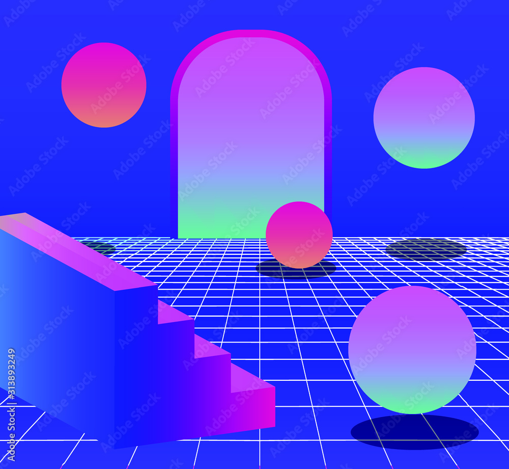 Poster Retrowave/ vaporwave/ synthwave style illustration with staircase and arch on laser grid with floating in zero gravity spheres above. Surreal retrofuturistic backround.
