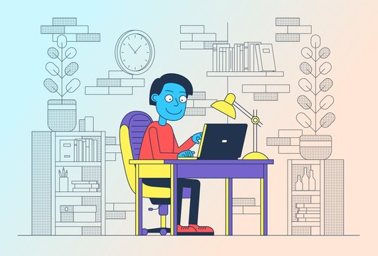 Freelancer at work with laptop on table. Man with computer at home with interior. Vector illustration.