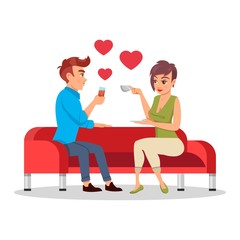 Romantic couple sitting on sofa with drinks at romantic date. Loving young man and girl spending time together at home. Valentine s day concept. Vector cartoon illustration isolated on white.