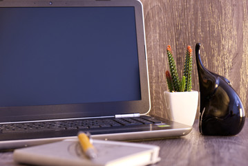 computer on the table with cactus and figure