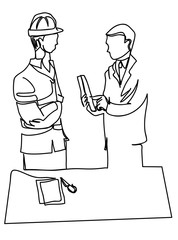 One continuous line drawing of building architecture business concept. Simple line art drawing of  construction manager giving instruction