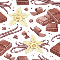 Hand drawn illustrations of vanilla and chocolate. Seamless pattern