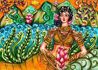 Fototapeta na wymiar Indian traditional painting of woman in nature, Kerala mural style with beautiful ornamental background