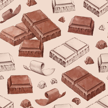 Hand Drawn Illustrations Of Chocolate Bar. Seamless Pattern